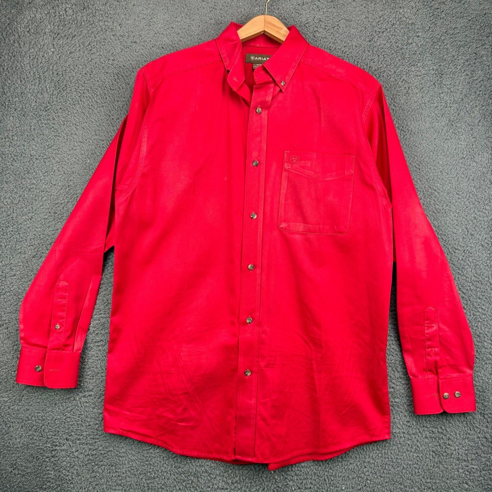 Ariat Mens Red Solid Twill Long Sleeve Button Down Shirt Medium Classic Fit‎